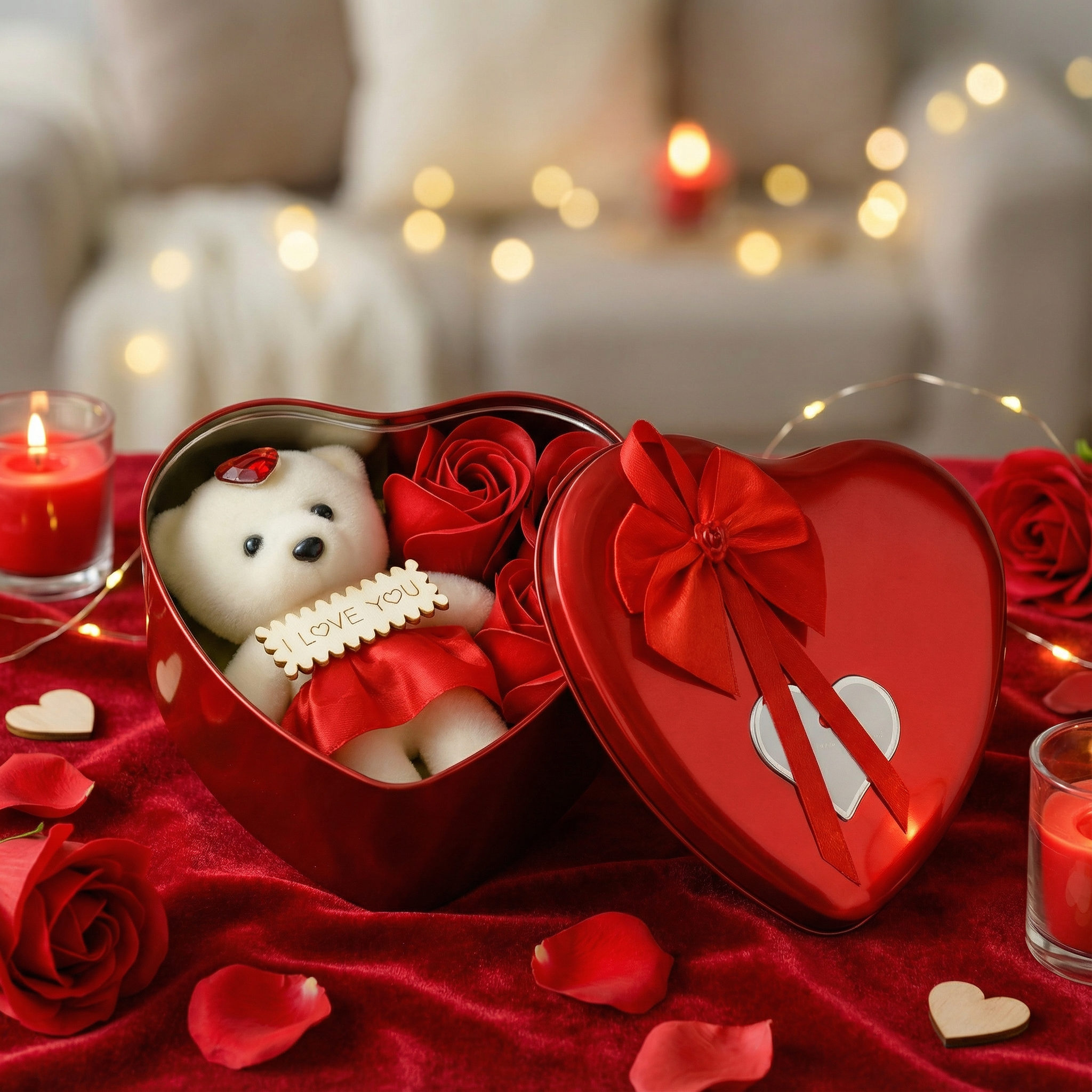 Pudełko Serce z Misiem i Mydlanymi Różami