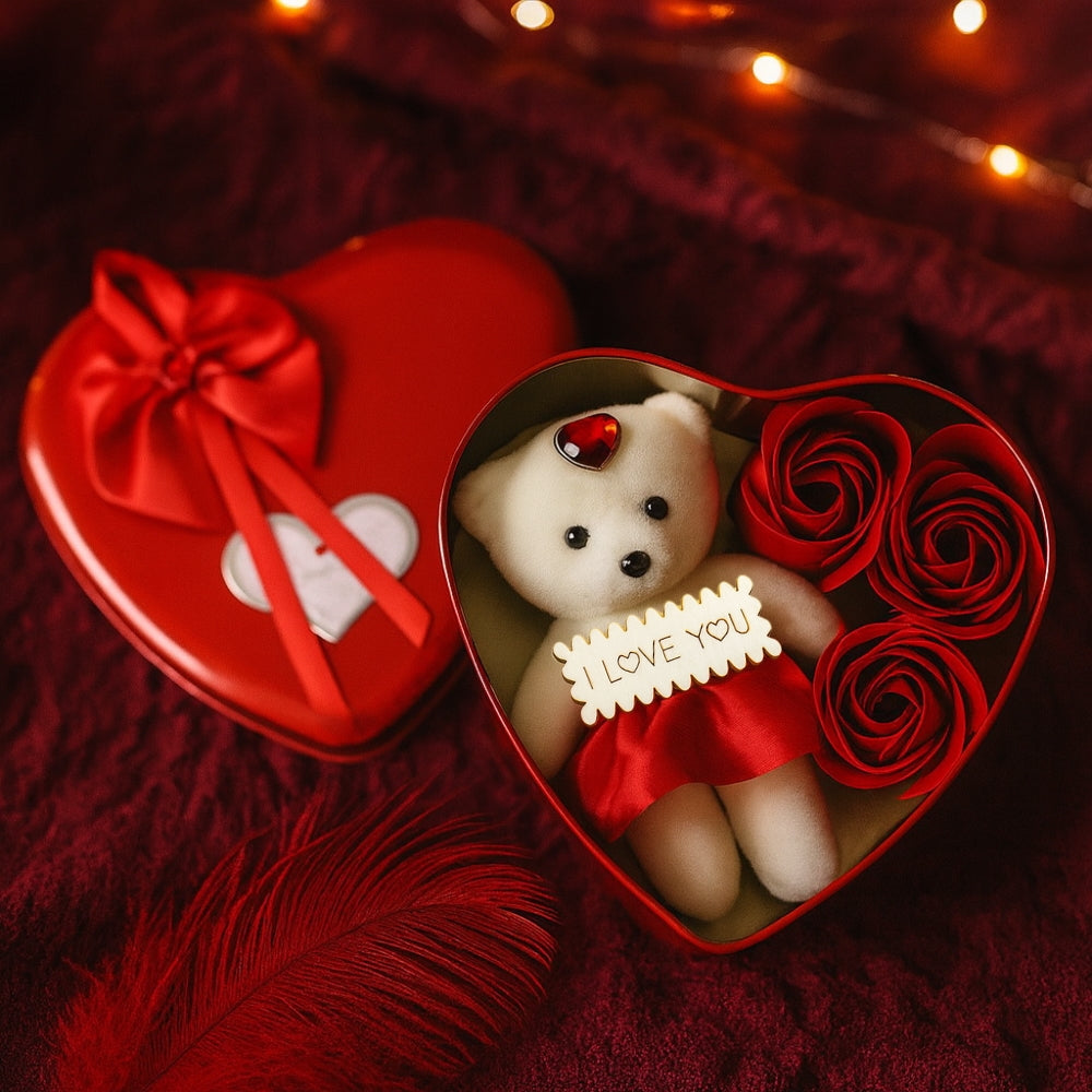 Pudełko Serce z Misiem i Mydlanymi Różami
