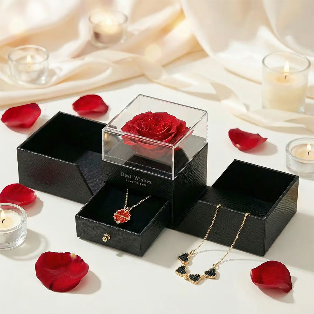 Róża w Eleganckim Boxie z Dwustronnym Naszyjnikiem
